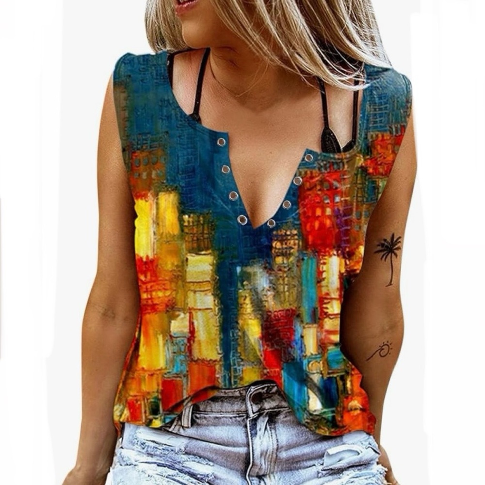 Colorful Abstract Art Print Sleeveless Blouse Tank Top Size Medium City Painting